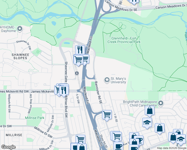 map of restaurants, bars, coffee shops, grocery stores, and more near 14555 Bannister Road Southeast in Calgary
