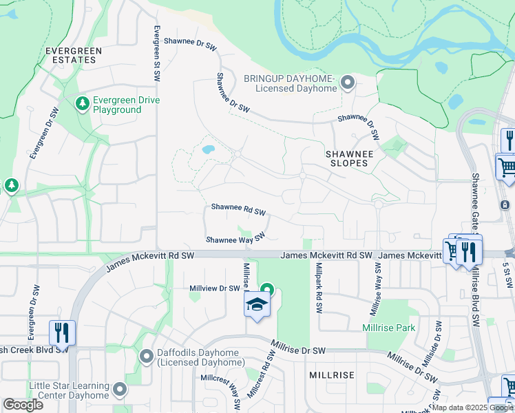 map of restaurants, bars, coffee shops, grocery stores, and more near 1356 Shawnee Road Southwest in Calgary