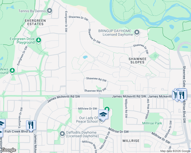 map of restaurants, bars, coffee shops, grocery stores, and more near 1380 Shawnee Road Southwest in Calgary