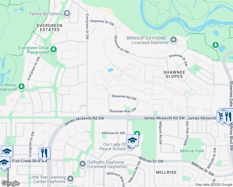 map of restaurants, bars, coffee shops, grocery stores, and more near 1400 Shawnee Road Southwest in Calgary