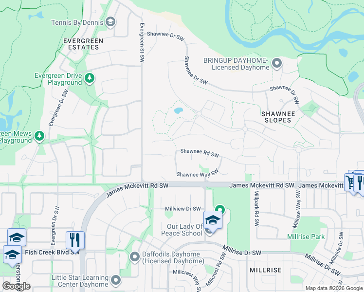 map of restaurants, bars, coffee shops, grocery stores, and more near 1400 Shawnee Road Southwest in Calgary