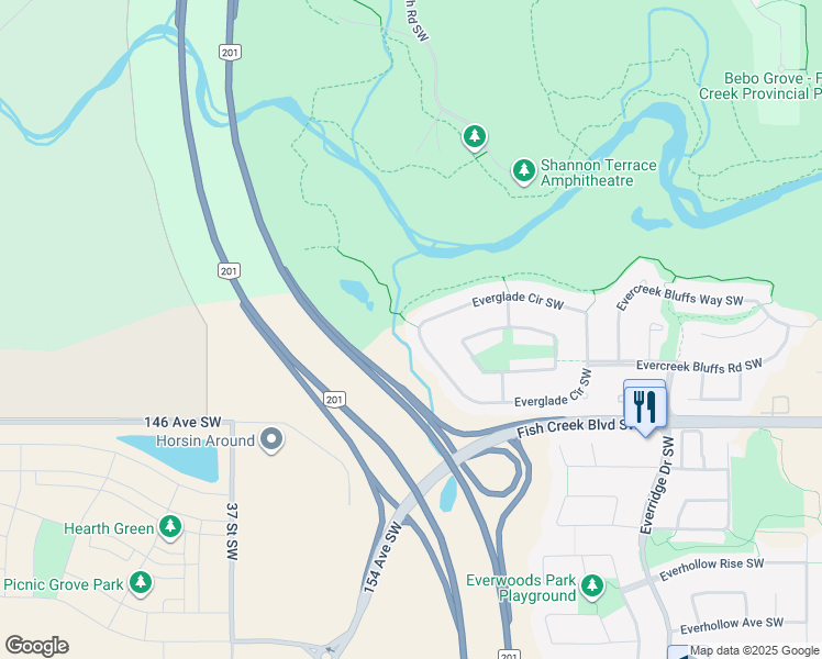 map of restaurants, bars, coffee shops, grocery stores, and more near 208 Everglade Circle Southwest in Calgary