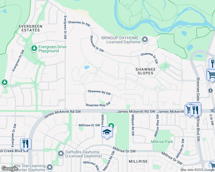 map of restaurants, bars, coffee shops, grocery stores, and more near 1356 Shawnee Road Southwest in Calgary