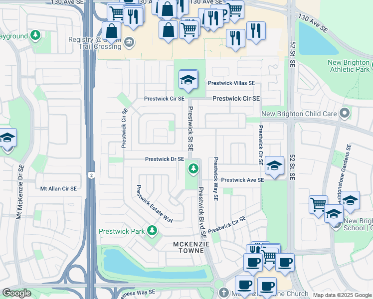 map of restaurants, bars, coffee shops, grocery stores, and more near 11 Prestwick Street Southeast in Calgary