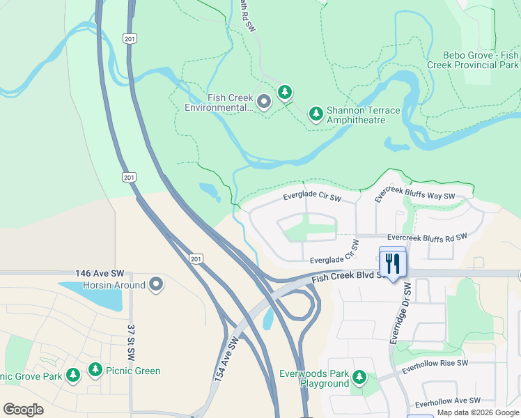 map of restaurants, bars, coffee shops, grocery stores, and more near 183 Everglade Circle Southwest in Calgary