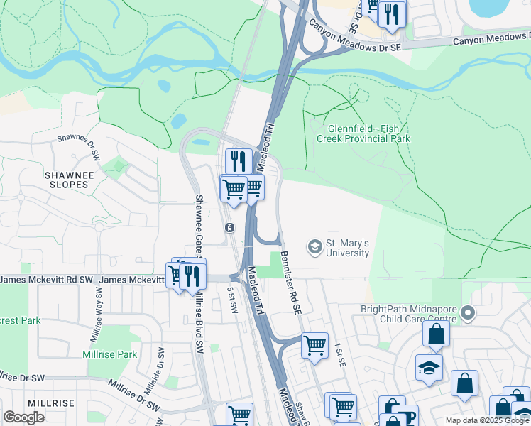 map of restaurants, bars, coffee shops, grocery stores, and more near 14505 Bannister Road Southeast in Calgary
