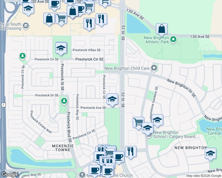 map of restaurants, bars, coffee shops, grocery stores, and more near 185 Prestwick Acres Lane Southeast in Calgary