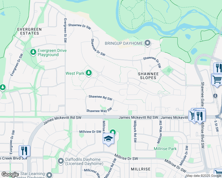 map of restaurants, bars, coffee shops, grocery stores, and more near 1356 Shawnee Road Southwest in Calgary