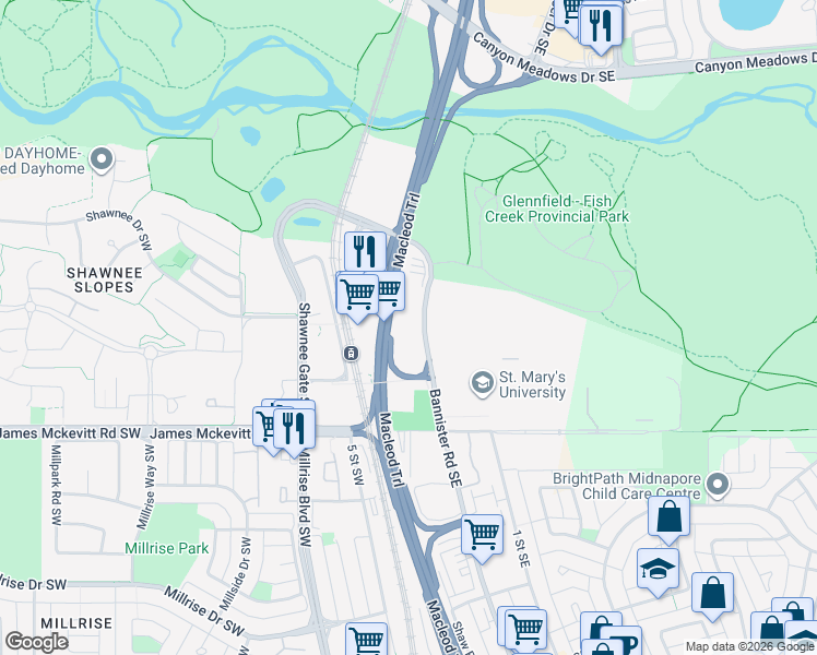 map of restaurants, bars, coffee shops, grocery stores, and more near 14555 Bannister Road Southeast in Calgary