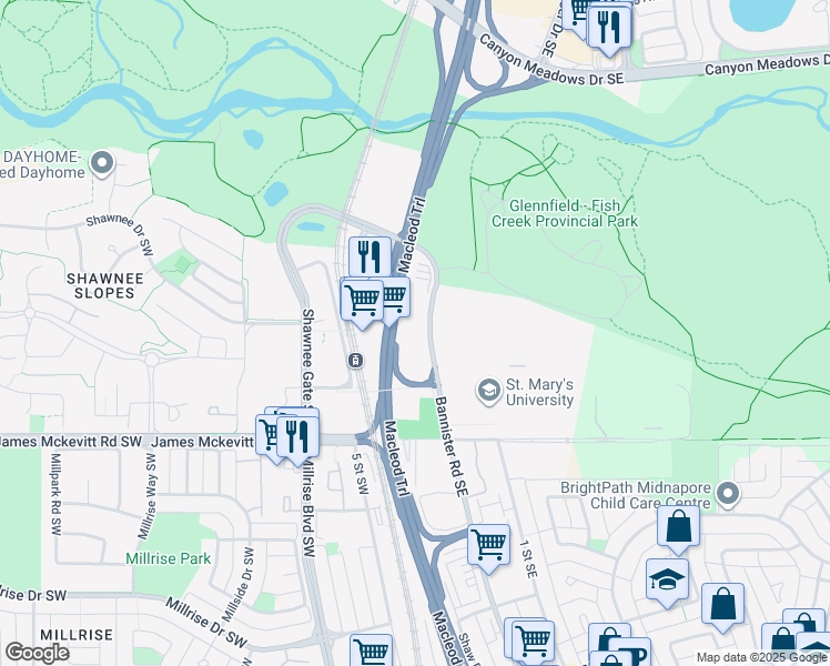 map of restaurants, bars, coffee shops, grocery stores, and more near 14505 Bannister Road Southeast in Calgary