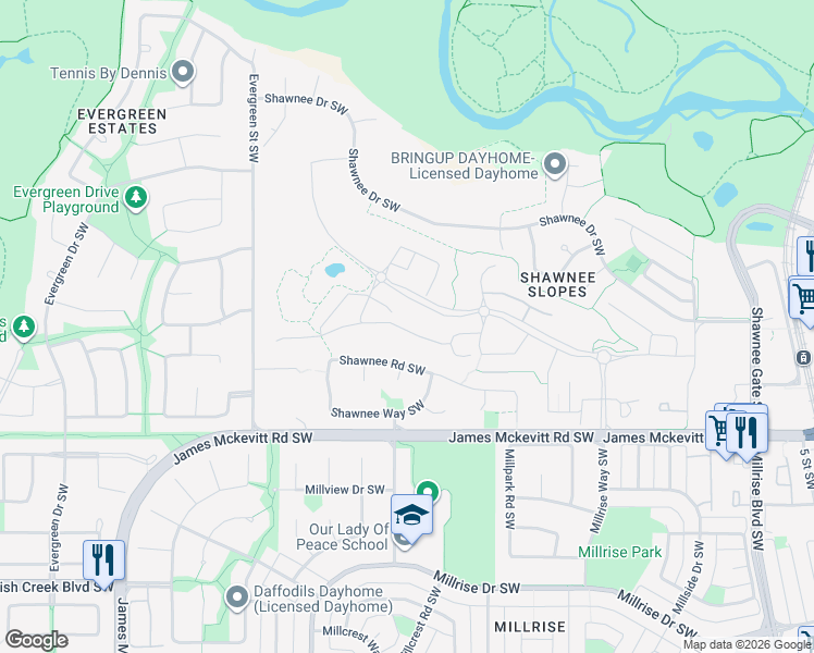 map of restaurants, bars, coffee shops, grocery stores, and more near 1356 Shawnee Road Southwest in Calgary