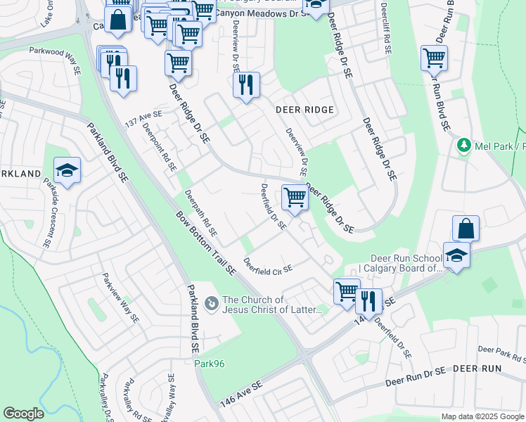 map of restaurants, bars, coffee shops, grocery stores, and more near 44 Deerfield Drive Southeast in Calgary