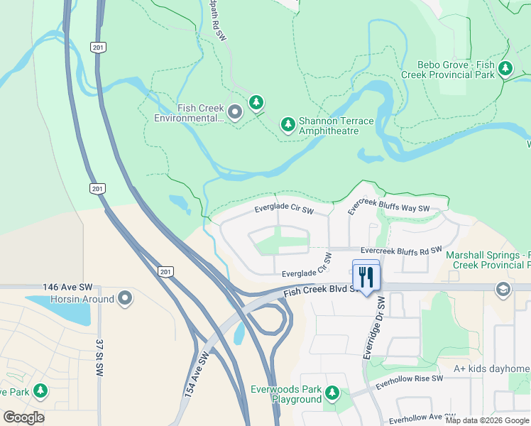 map of restaurants, bars, coffee shops, grocery stores, and more near 135 Everglade Circle Southwest in Calgary
