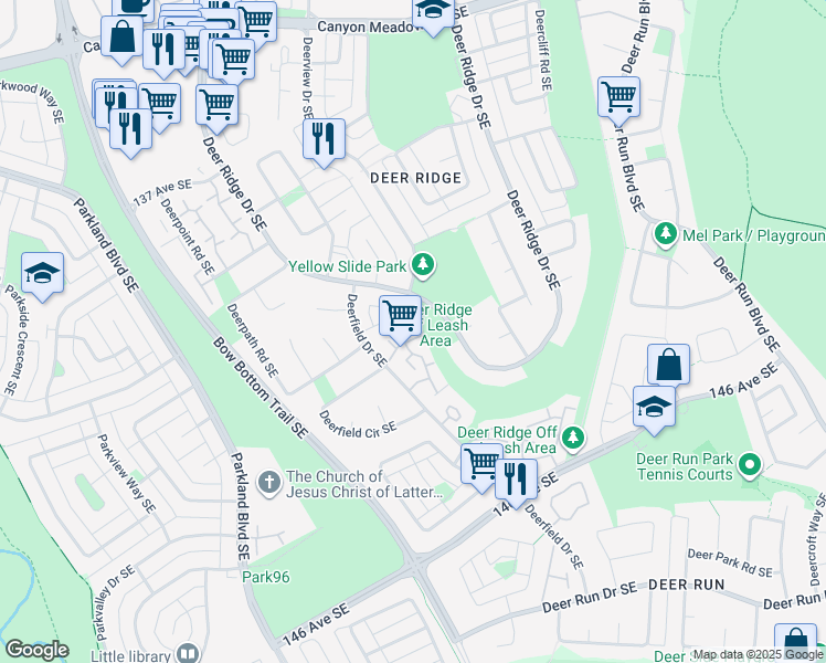 map of restaurants, bars, coffee shops, grocery stores, and more near 128 Deerfield Terrace Southeast in Calgary