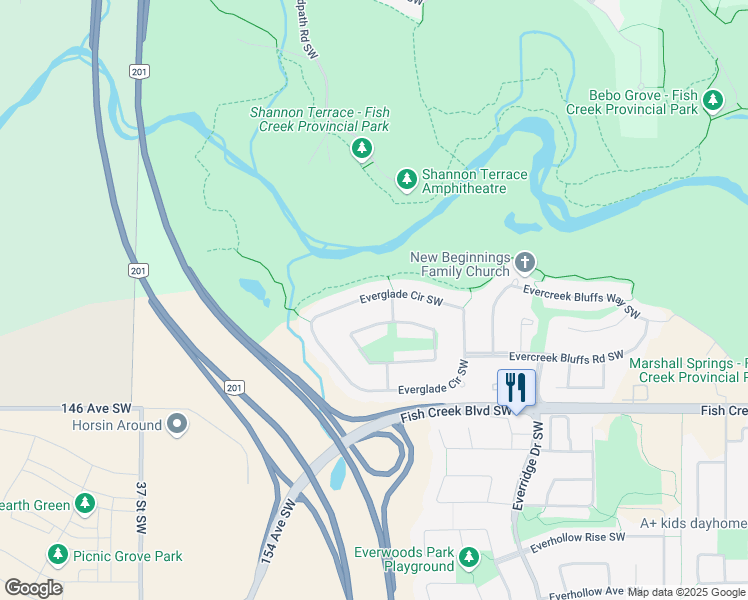 map of restaurants, bars, coffee shops, grocery stores, and more near 135 Everglade Circle Southwest in Calgary