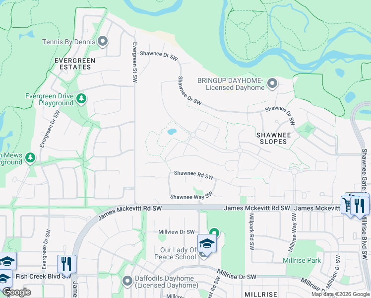 map of restaurants, bars, coffee shops, grocery stores, and more near 1380 Shawnee Road Southwest in Calgary