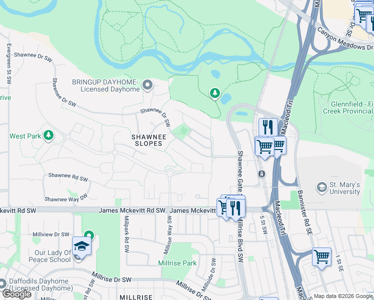 map of restaurants, bars, coffee shops, grocery stores, and more near 744 Shawnee Drive Southwest in Calgary