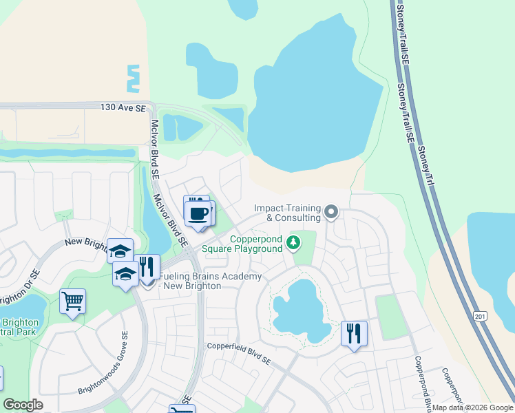 map of restaurants, bars, coffee shops, grocery stores, and more near 351 Copperpond Boulevard Southeast in Calgary