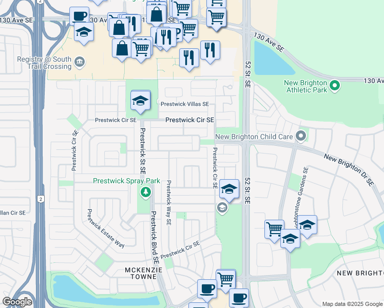 map of restaurants, bars, coffee shops, grocery stores, and more near 256 Prestwick Heights Southeast in Calgary
