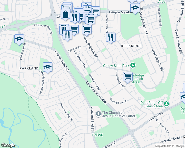 map of restaurants, bars, coffee shops, grocery stores, and more near 47 Deerpath Road Southeast in Calgary