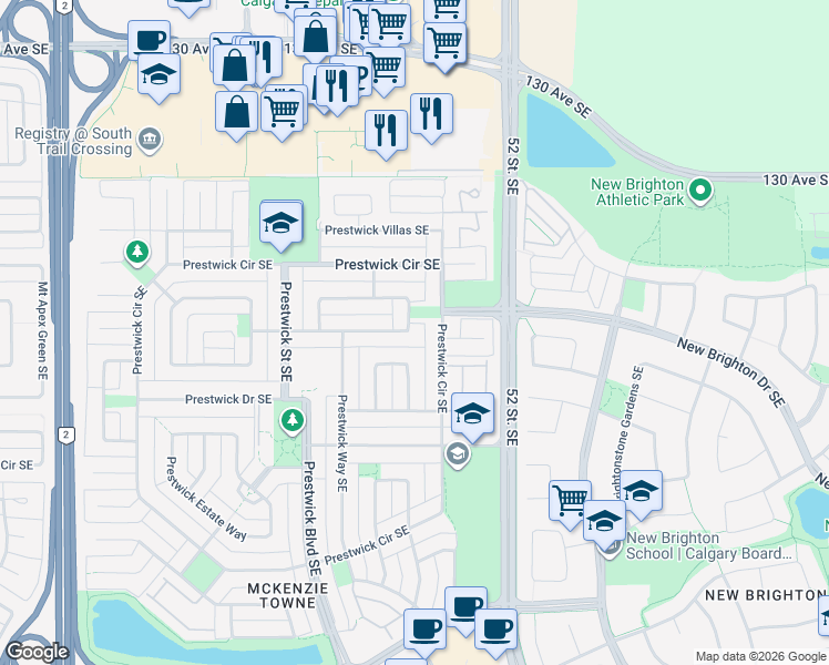 map of restaurants, bars, coffee shops, grocery stores, and more near 224 Prestwick Heights Southeast in Calgary
