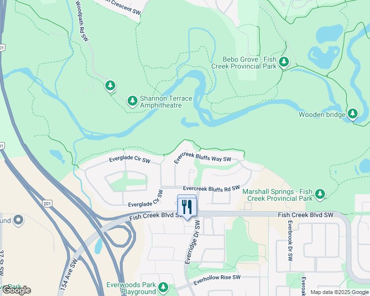 map of restaurants, bars, coffee shops, grocery stores, and more near 16 Evercreek Bluffs Mews Southwest in Calgary