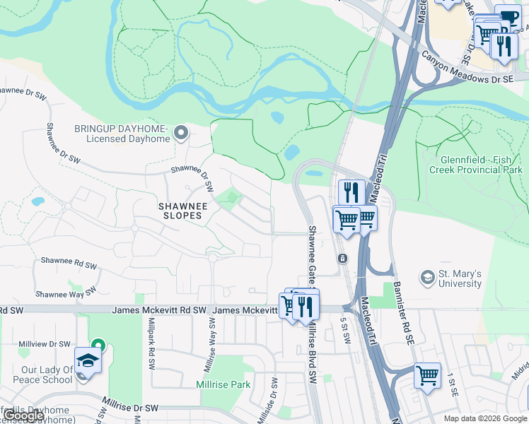 map of restaurants, bars, coffee shops, grocery stores, and more near 33 Shawnee Rise Southwest in Calgary