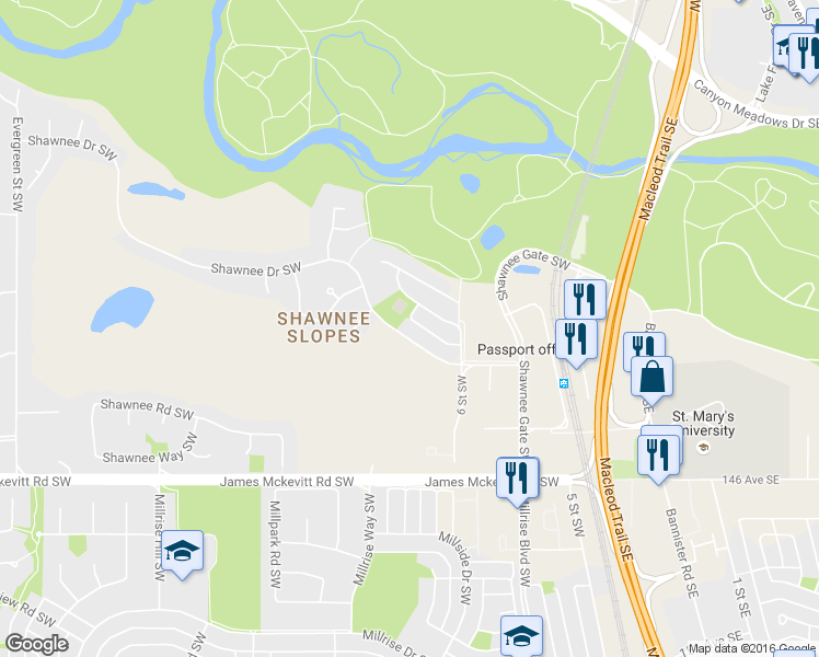 map of restaurants, bars, coffee shops, grocery stores, and more near 744 Shawnee Drive Southwest in Calgary