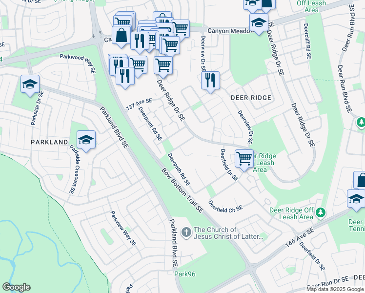 map of restaurants, bars, coffee shops, grocery stores, and more near 47 Deerpath Road Southeast in Calgary