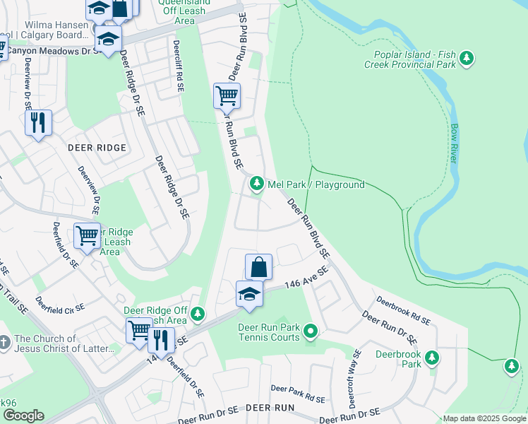 map of restaurants, bars, coffee shops, grocery stores, and more near 24 Deercross Way Southeast in Calgary
