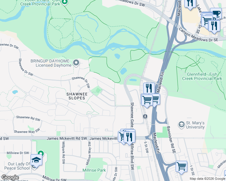 map of restaurants, bars, coffee shops, grocery stores, and more near 33 Shawnee Rise Southwest in Calgary