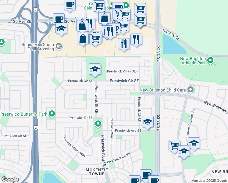 map of restaurants, bars, coffee shops, grocery stores, and more near 93 Prestwick Heights Southeast in Calgary