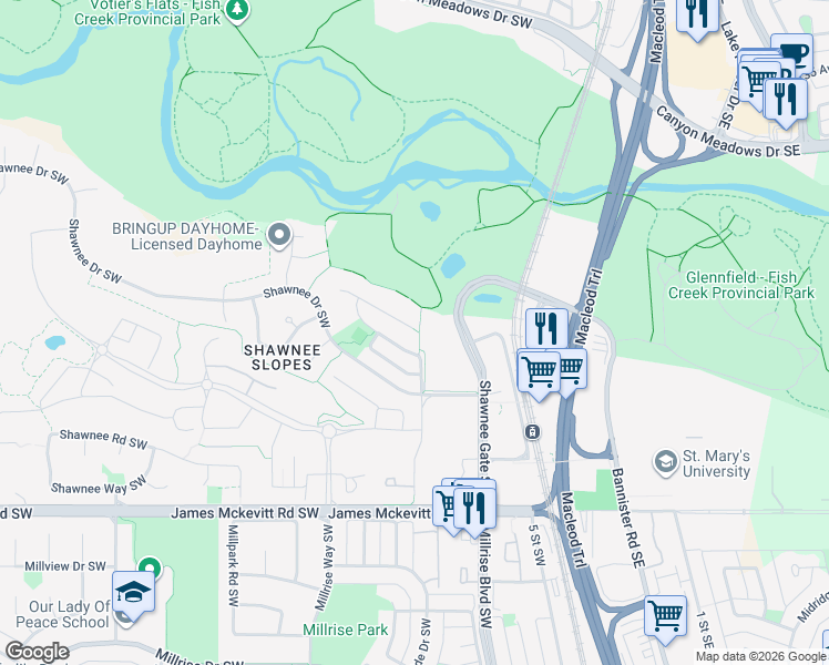 map of restaurants, bars, coffee shops, grocery stores, and more near 33 Shawnee Rise Southwest in Calgary