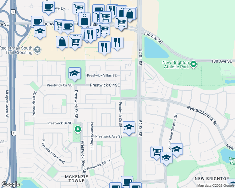 map of restaurants, bars, coffee shops, grocery stores, and more near 378 Prestwick Circle Southeast in Calgary