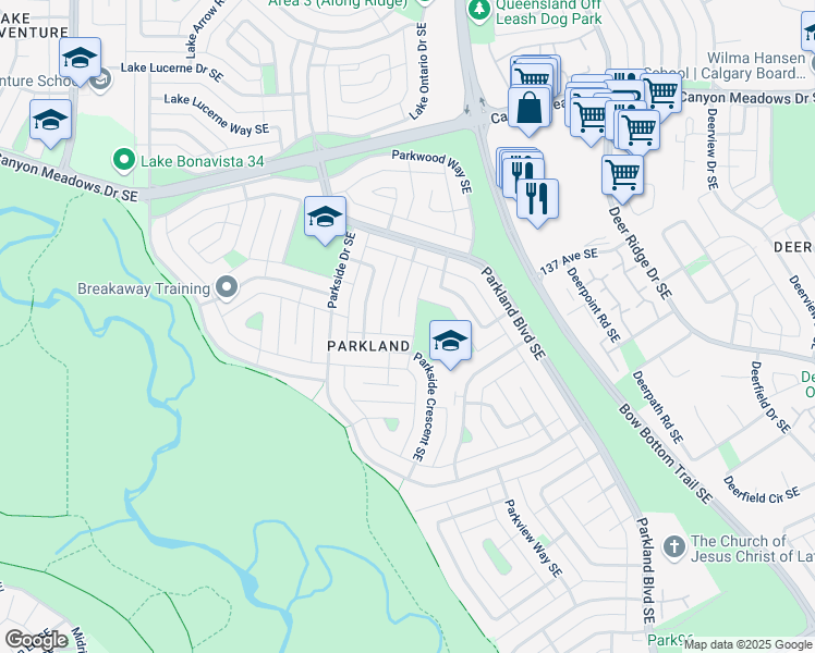 map of restaurants, bars, coffee shops, grocery stores, and more near 144 Parkland Place Southeast in Calgary
