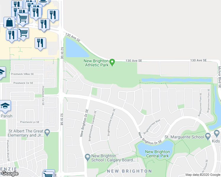 map of restaurants, bars, coffee shops, grocery stores, and more near 86 Brightoncrest Grove Southeast in Calgary