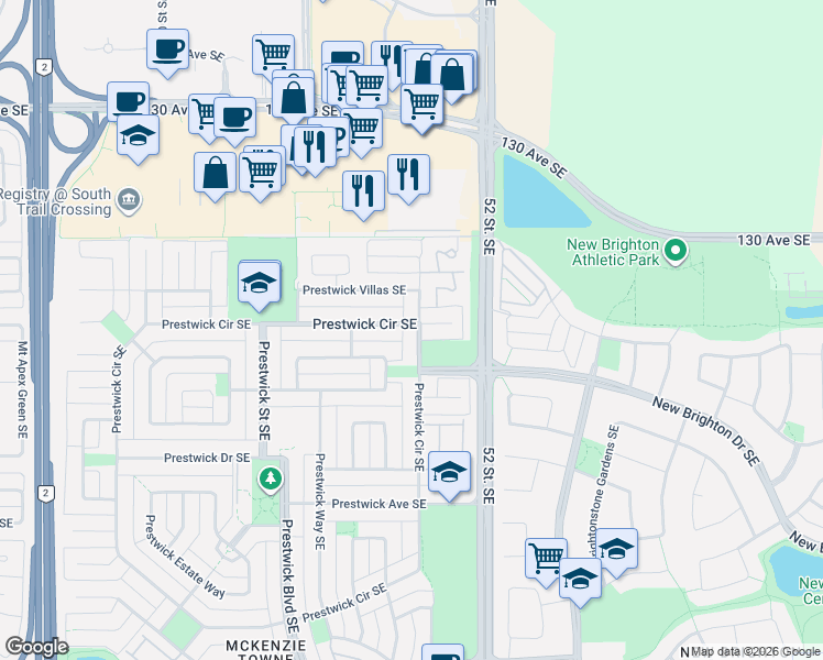 map of restaurants, bars, coffee shops, grocery stores, and more near 378 Prestwick Circle Southeast in Calgary