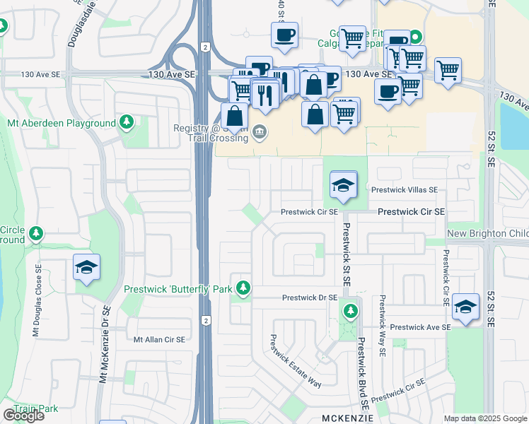 map of restaurants, bars, coffee shops, grocery stores, and more near 795 Prestwick Circle Southeast in Calgary
