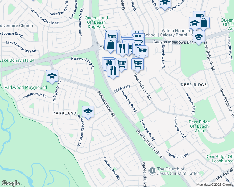 map of restaurants, bars, coffee shops, grocery stores, and more near 13762-13780 Bow Bottom Trail SE in Calgary