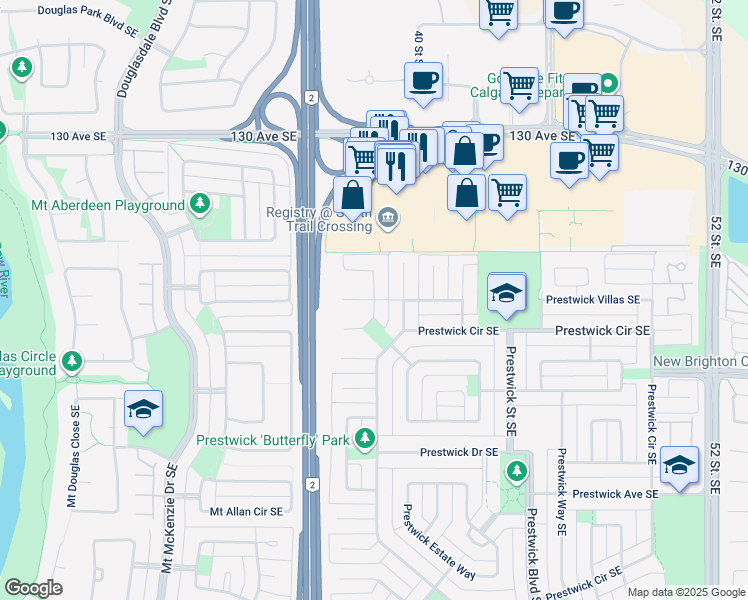 map of restaurants, bars, coffee shops, grocery stores, and more near Prestwick Terrace Southeast in Calgary
