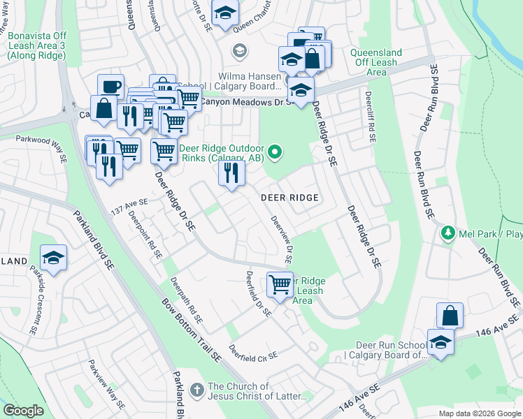 map of restaurants, bars, coffee shops, grocery stores, and more near 351 Deerview Drive Southeast in Calgary