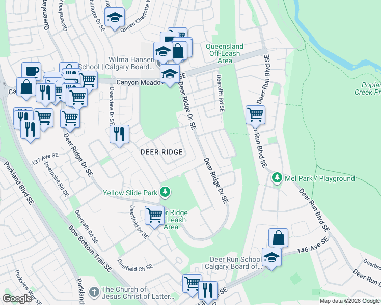 map of restaurants, bars, coffee shops, grocery stores, and more near 48 Deermont Way Southeast in Calgary