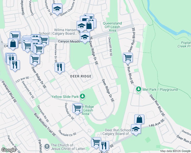 map of restaurants, bars, coffee shops, grocery stores, and more near 48 Deermont Way Southeast in Calgary