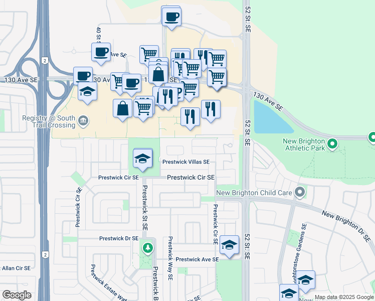 map of restaurants, bars, coffee shops, grocery stores, and more near 115 Prestwick Villas Southeast in Calgary