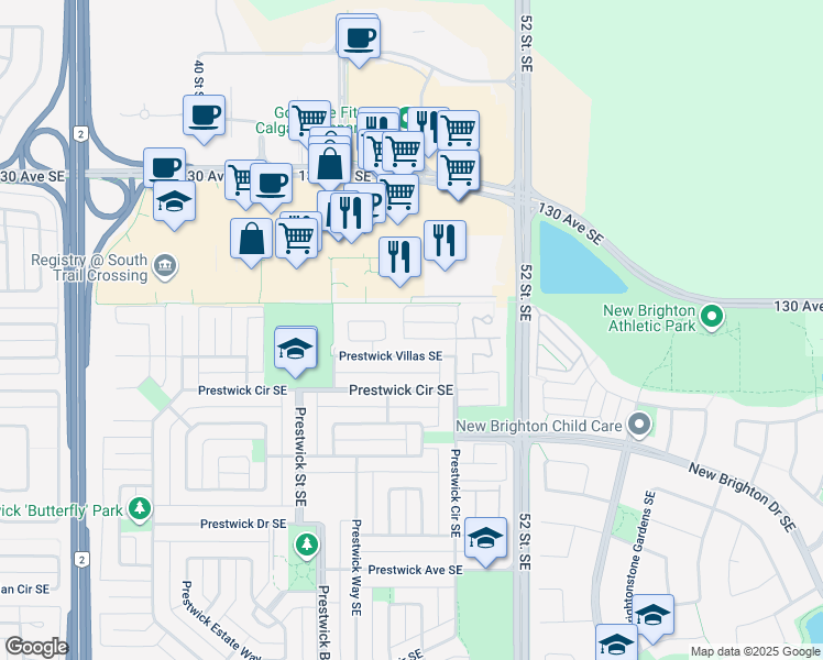 map of restaurants, bars, coffee shops, grocery stores, and more near 79 Prestwick Bay Southeast in Calgary