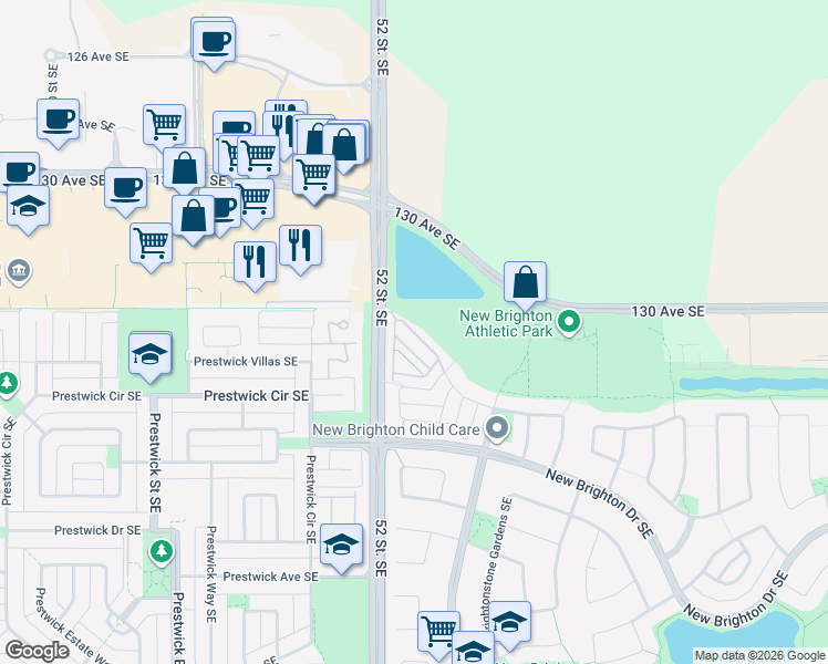 map of restaurants, bars, coffee shops, grocery stores, and more near New Brighton Point Southeast in Calgary