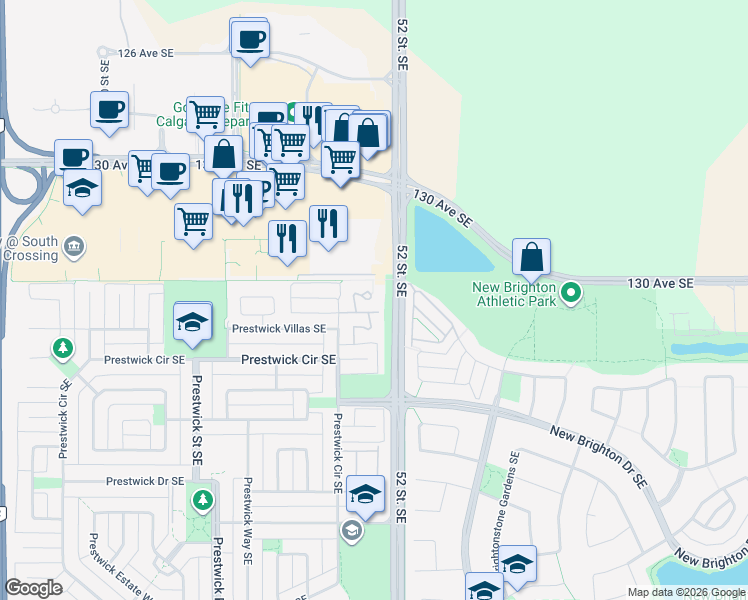 map of restaurants, bars, coffee shops, grocery stores, and more near 10 Prestwick Bay Southeast in Calgary