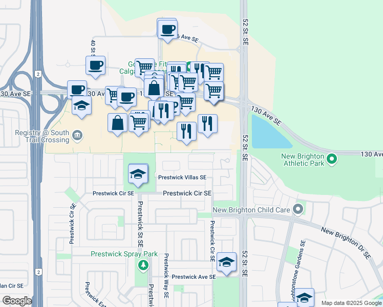 map of restaurants, bars, coffee shops, grocery stores, and more near 79 Prestwick Bay Southeast in Calgary