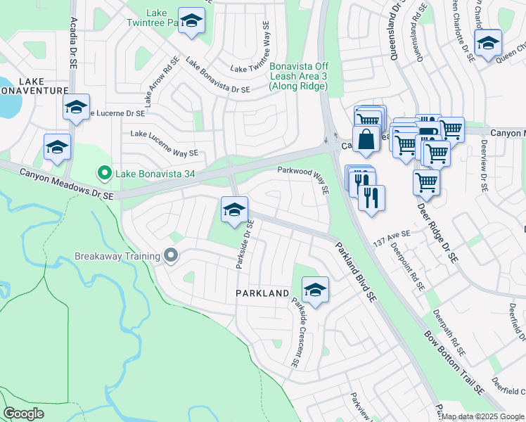 map of restaurants, bars, coffee shops, grocery stores, and more near 13836 Parkland Boulevard Southeast in Calgary