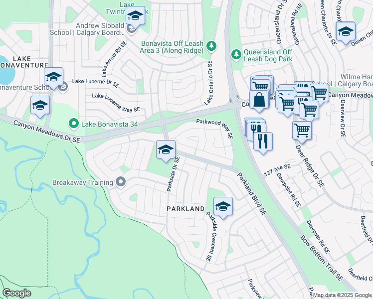 map of restaurants, bars, coffee shops, grocery stores, and more near 13836 Parkland Boulevard Southeast in Calgary